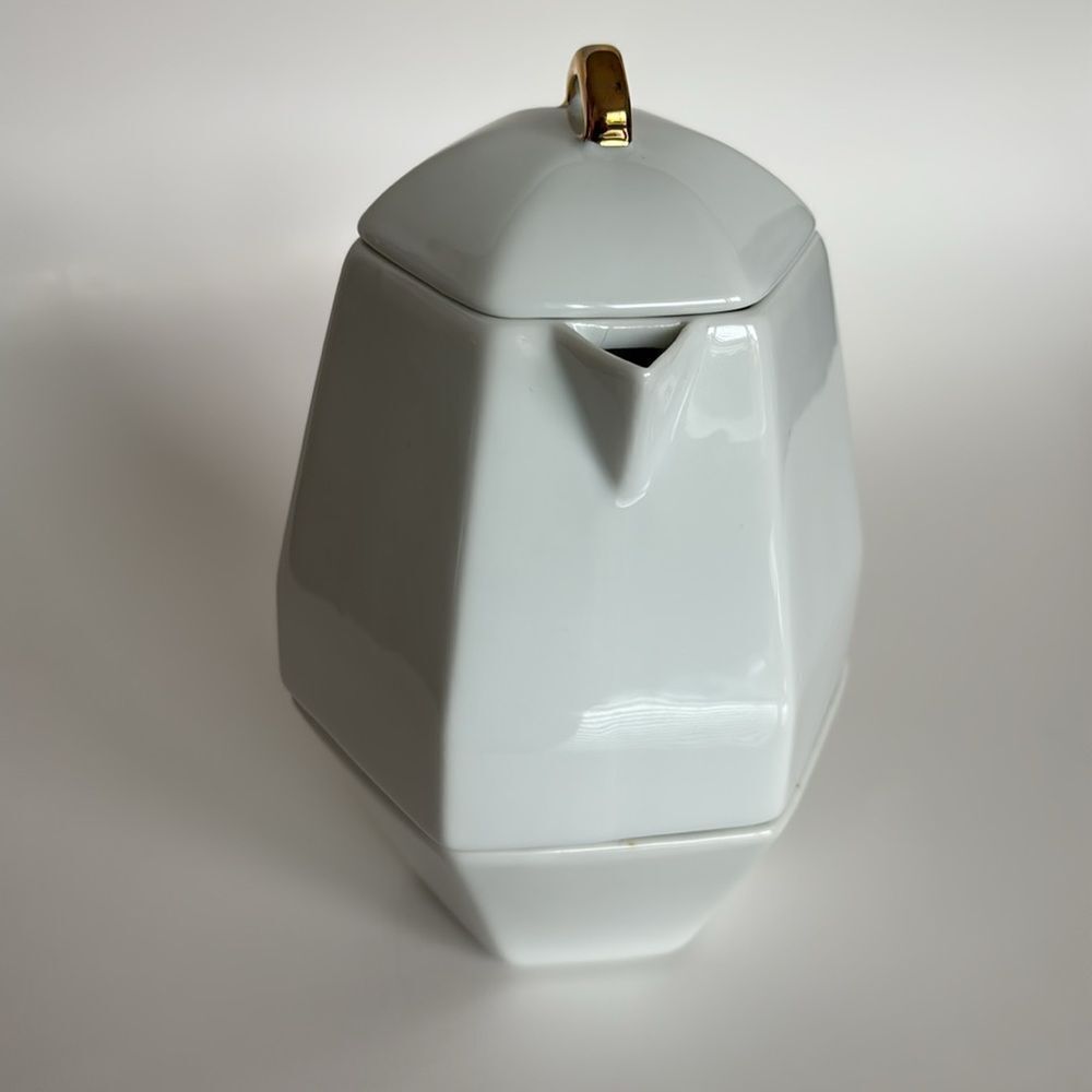 CB2 White Hexagonal Stacking Teapot Cup Gold Trim Tea For One - Picture 3 of 11